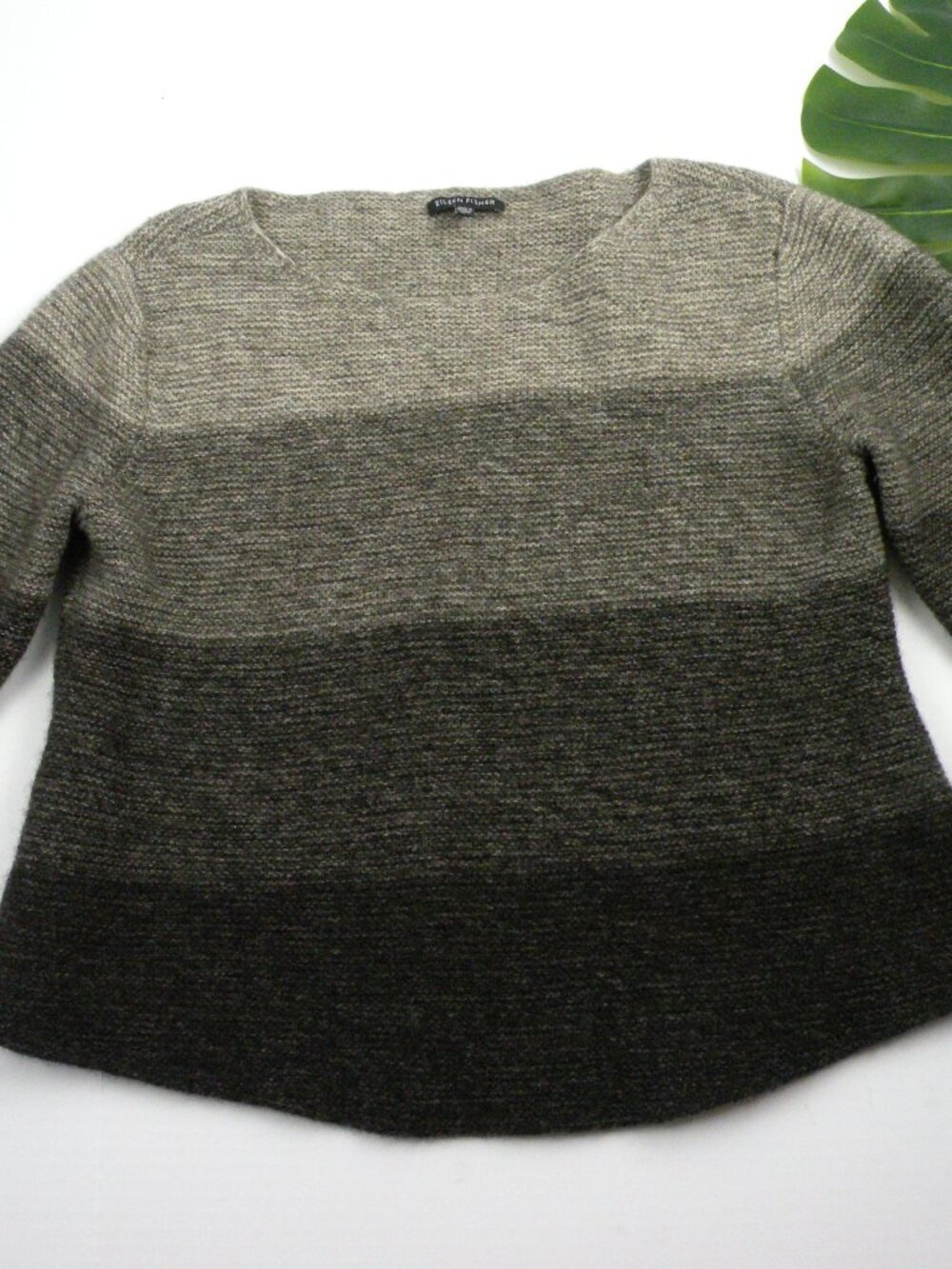 Eileen Fisher Yak Blend Italian yarn sweater size L Stripe Gray